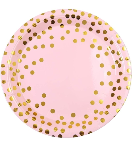 Set 10 Farfurii Unica Folosinta, Flippy, Imprimeu cu Buline, din Carton, Diametru 18 cm, Roz/Auriu