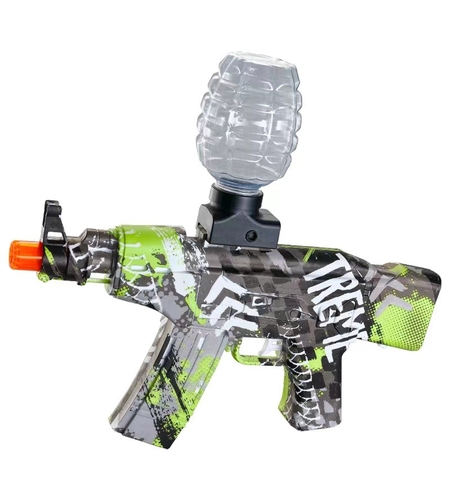Mitraliera de jucarie electrica Flippy cu bile de hidrogen de gel, gun bluster, tragere in rafala, varsta peste 6 ani, sageti cu ventuze de spuma, amortizor, ochelari de protectie, 5000 de bile incluse, cablu de incarcare, 28x31 cm, AK47, verde