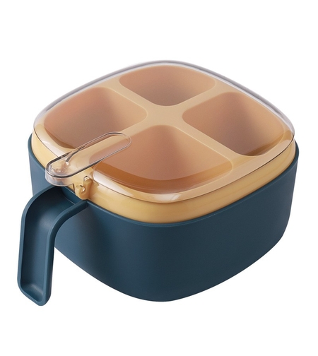 Recipient pentru condimente Flippy, 4 casute, potrivit pentru sare, cimbru, piper, condimente, 4 lingurite din plastic, capac din plastic, maner, 14x14x8 cm, albastru