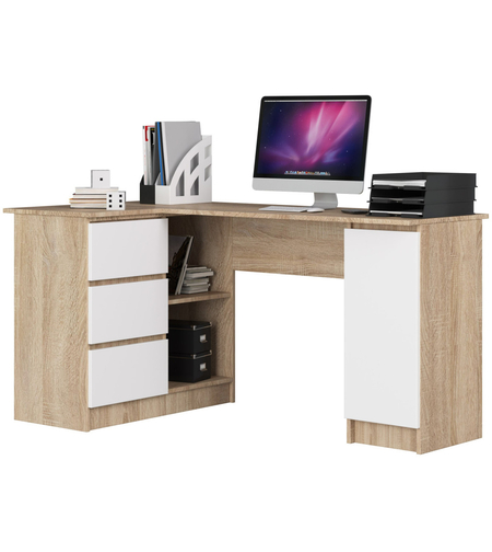 Birou colt stanga in L cu 3 sertare si rafturi, PAL laminat 16 mm, 155x85x77 cm, stejar sonoma si alb