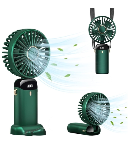 Ventilator Ultra Portabil cu Aromaterapie, Vafy, 3 in 1, de Mana, de Birou, de Gat, 5 Trepte de Viteza, Incarcare USB, Autonomie 12h, Pliabil, cu Ecran LCD, Verde
