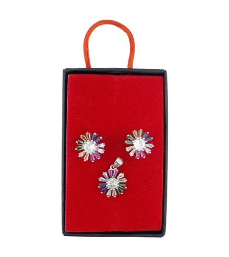 Set Bijuterii Dama Argint 925, Jolie, Model Flori Multicolore cu Mijloc Alb, Petale Drepte, 5.43 g, Multicolor/Argintiu