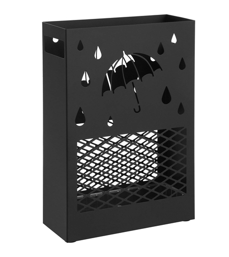 SONGMICS Suport metalic pentru umbrele, cu carlige si tava de picurare, 28x12x41cm, negru