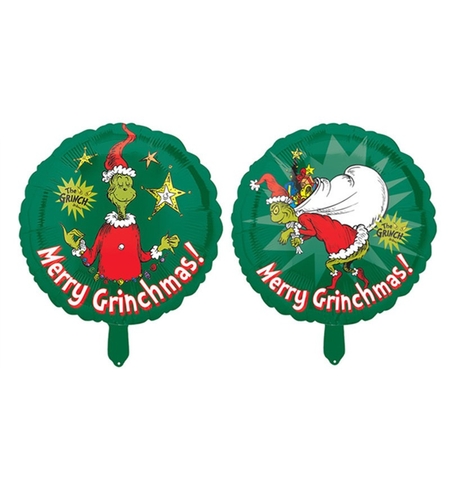 Balon Rotund, Vafy, din Folie de Aluminiu, Tema Craciun, Model Grinch, 44x53 cm, Verde