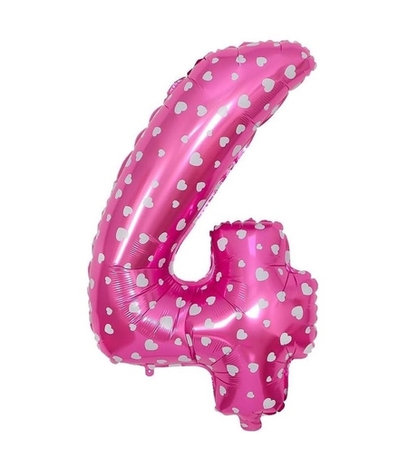 Balon din Folie Metalizata Flippy, Figurina Cifra, Imprimeu Inimi, Tema Aniversare 80 cm, Ambalaj Individual, Pai inclus, Umflare cu Aer sau Heliu, Roz, Cifra 4