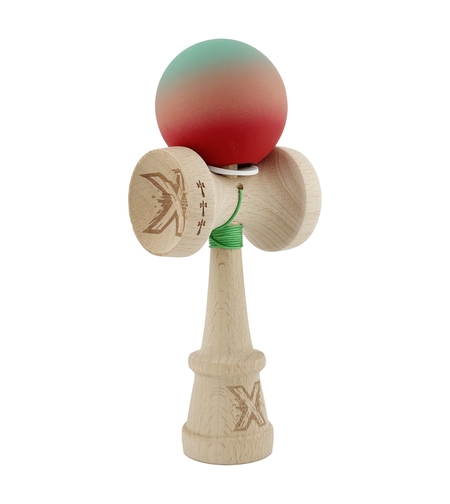 Kendama X Originala, Profesionala, Flippy, Cupe Mari KING SIZE V3, Rubber Grip, Gaura in Baza, Rulment Metalic, din lemn 18 cm, Ata 62/65 cm, Gradient Verde/Roz/Rosu