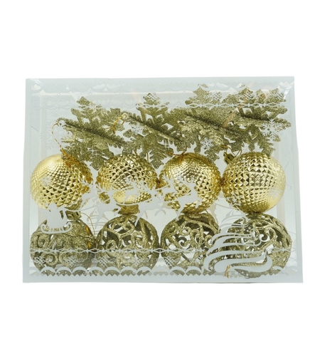 Set de 12 ornamente de brad, Flippy, de tip Glob, Auriu, din plastic, cu finisaj sclipitor , cutie 6 cm adancime x 23 cm lungime x 18 cm inaltime