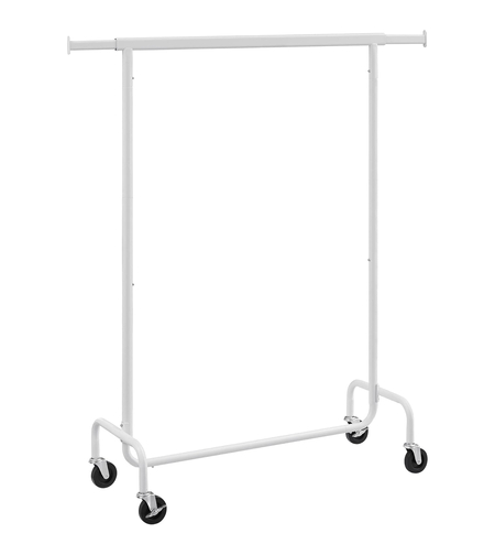 SONGMICS Suport pentru haine extensibil pe roti, bara reglabila 110-150 cm, stil industrial, 150x45x160 cm, alb mat