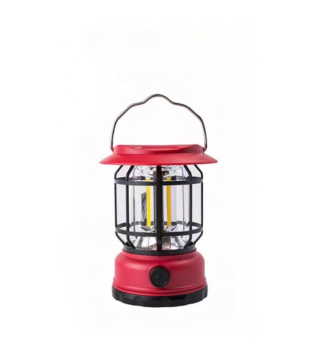 Lampa portabila camping, Felinar Vintage, ABS, Iluminare 30 COB LED, Intensitate reglabila, Acumulator inclus, Incarcare Solara si USB, 5W, Flippy, Rosu