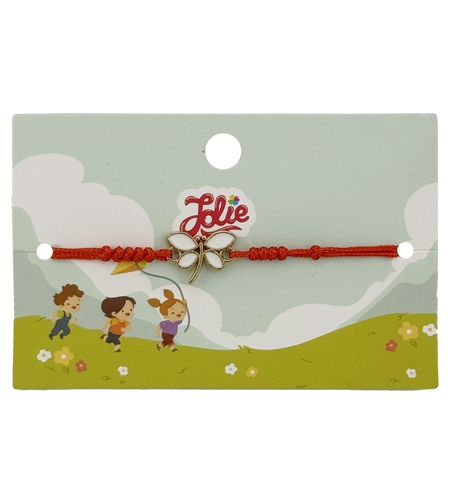 Martisor Bratara pentru Copii, Jolie, Model Libelula, din Metal Auriu cu Snur Impletit Rosu, Alb