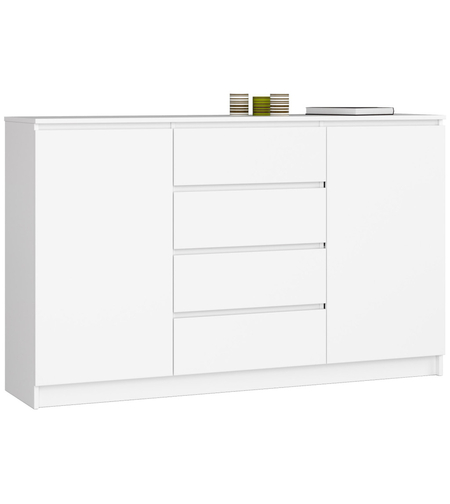 Comoda K160, cu 4 sertare si 2 dulapuri, PAL laminat 16 mm, 160x40x99 cm, alb