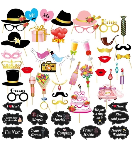 Set 60 de Accesorii pentru Petrecere, Flippy, Tematica Nunta, Props pentru Coltul de Poze, Ochelari, Palarii, Mustata, Cravata, pentru Evenimente, Multicolor