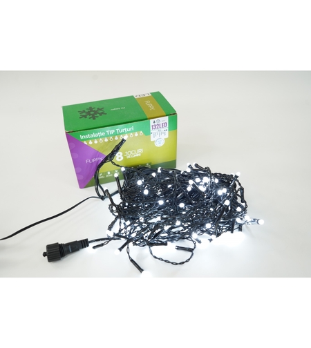 Instalatie de Craciun Flippy® Tip Turturi, 8 jocuri de lumini Sectiune 4 m, 132 LED-uri, Interconectabila, Fir Negru, Alb Rece