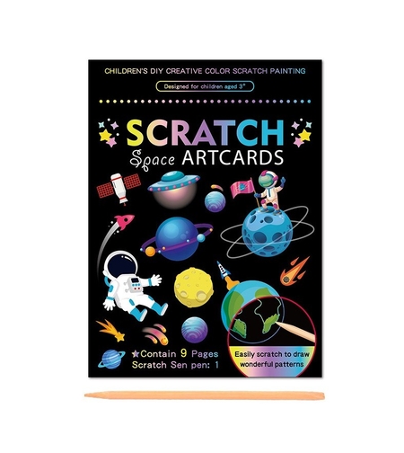 Set 9 Planse Razuibile, Flippy, Scratch ArtCards, +3 Ani, de Razuit si de Colorat, 19 x 14 cm, Model Spatiu Cosmic, Multicolor
