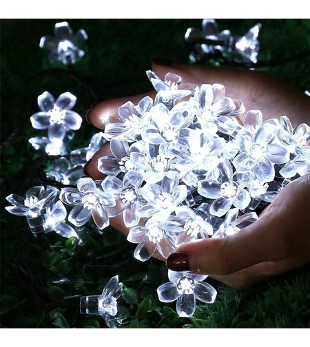 Instalatie Craciun, 6.5 metri, 30 Becuri LED tip Flori de cires, pentru exterior cu incarcare solara, Alb rece, Vafy