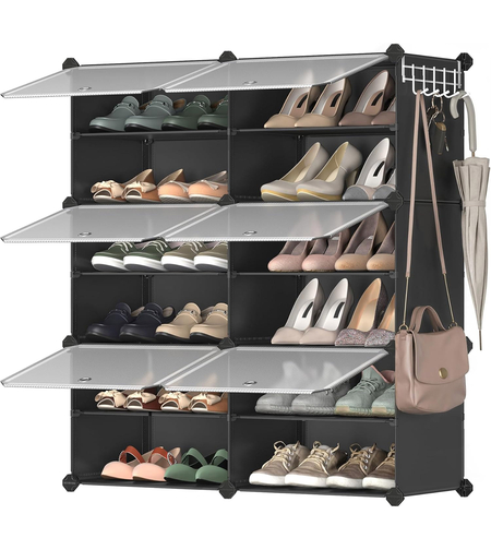 SONGMICS Dulap pantofi modular cu 6 compartimente, panouri plastic si cadru metalic, 83x32x94 cm, pana la 24 perechi, negru