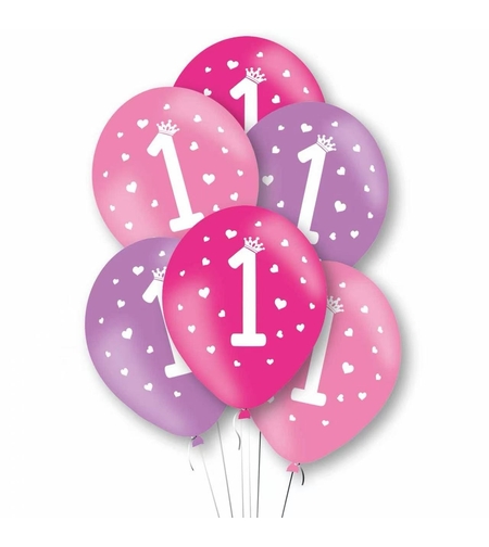 Baloane de Decor, Flippy, Set 10 Baloane de Decor pentru Aniversare 1 An, Model pentru Fetite, din Latex 25 cm, Roz/Mov