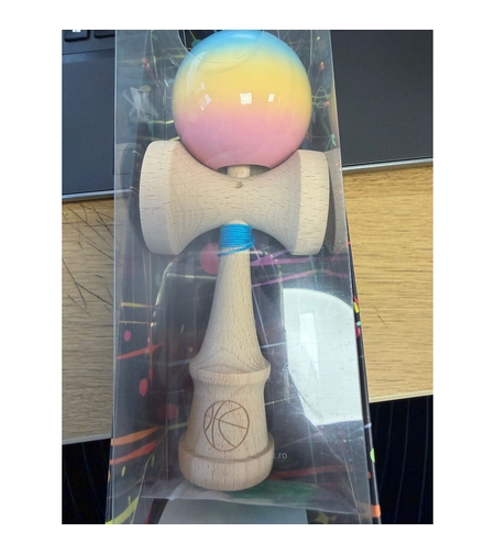 Kendama X Originala, Profesionala, Flippy, din Lemn, Rubber Grip, 18 cm, Albastru/Galben/Roz