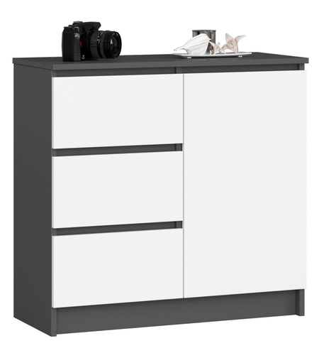 Comoda JERRY cu 3 sertare si dulap cu rafturi, PAL laminat, 80x35x77 cm, gri grafit si alb