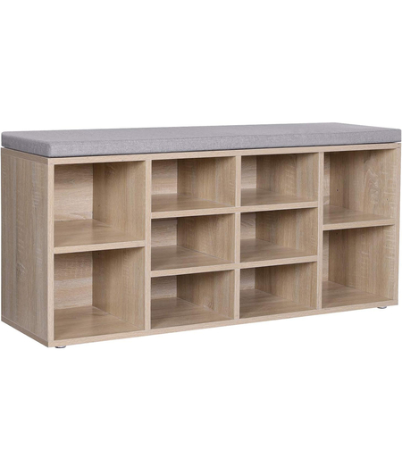 VASAGLE Banca pentru hol cu suport pentru pantofi, 10 compartimente, cu perna, 104x48x30cm, stejar