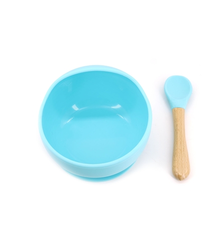 Set 2 piese diversificare bebelusi si copii din silicon Flippy, bol cu ventuza, lingurita din lemn si silicon, pentru gustari, fara alergeni, albastru