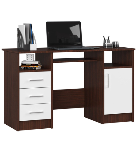Birou ANA pentru calculator, cu 3 sertare si 1 usa, 124x52x74 cm, maro wenge si alb