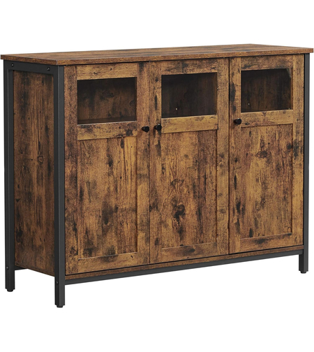 VASAGLE Comoda cu 3 usi din sticla, cadru metalic, stil industrial, 35x100x75 cm, maro rustic