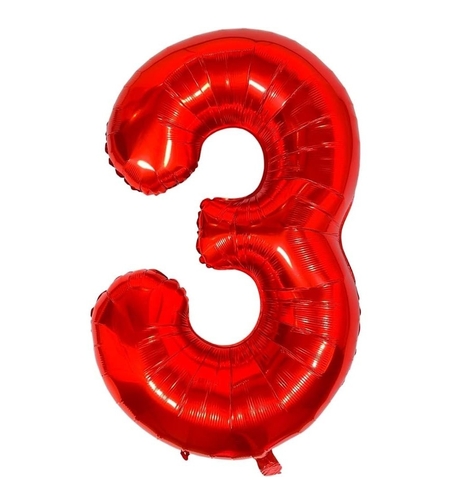 Balon din Folie Metalizata Flippy, Figurina Cifra, Tema Aniversare 100 cm, Ambalaj Individual, Pai inclus, Umflare cu Aer sau Heliu, Rosu, Cifra 3