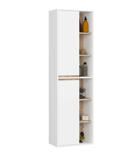 Dulap de baie suspendat cu 2 usi si 6 rafturi, PAL 16 mm, 50x30x170 cm, alb si stejar sonoma