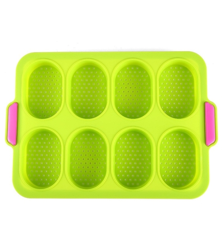 Forme de Silicon pentru Copt, Flippy, 8 Forme Ovale, pentru Paine si Prajituri, 34.5 x 23.8 x 2.5 cm, Verde/Roz