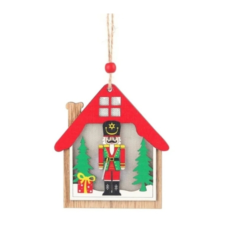 Ornament de Brad, Flippy, cu Lumini LED, din Lemn, Figurina Spargatorul de Nuci, Model Casuta, Multicolor