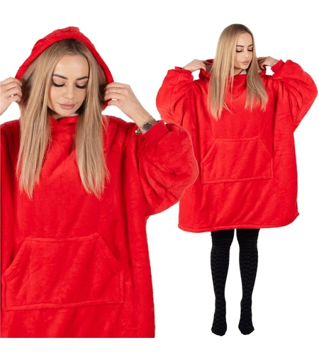 Hanorac tip patura oversize din fleece moale, cu gluga si buzunar mare, rosu