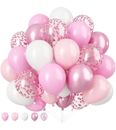 Set 16 Baloane din Latex Metalizate, Flippy, Model Party, 30 cm, Alb, Roz, Roz Chrome, Transparent Confetti 2.8 g
