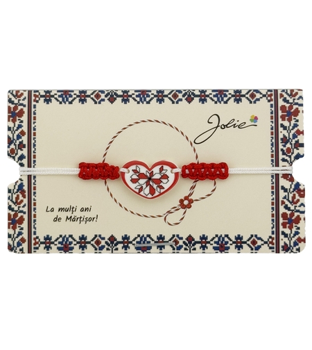Martisor Traditional Bratara Norocoasa, Jolie, Model Inima, Bratara Martisor pentru Copii, din Plastic/Textil, Snur Alb/Rosu