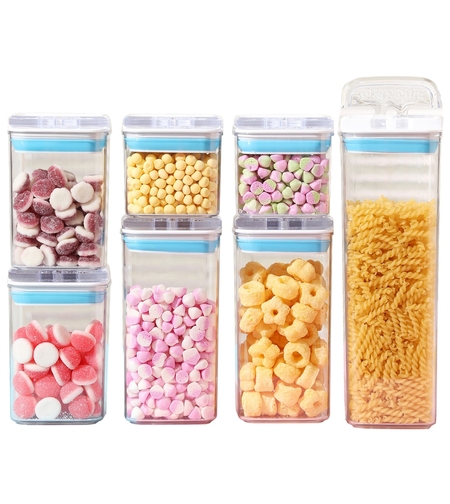 Cutii de Depozitare Alimente, Flippy, Set din 7 Cutii de tip Container, 2x0.5 l, 2x0.8 l, 2x1.2 l, 1x1.9 l, Recipiente pentru Cereale in Bucatarie, Transparente cu Capac Albastru-Alb