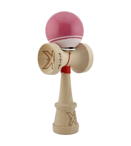 Kendama X Originala, Profesionala, Flippy, Super Sticky cu Cupe Mari KING SIZE V3, Gaura in Baza, Rulment Metalic, din lemn 18 cm, Ata 62/65 cm, Special Roz/Alb