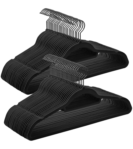SONGMICS Set de 50 de umerase pentru haine, anti-alunecare cu catifea, bara de cravata si carlig pivotant, 43,5 cm, negru