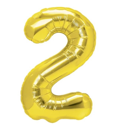 Balon din Folie Metalizata Flippy, Figurina Cifra, Tema Aniversare 100 cm, Ambalaj Individual, Pai inclus, Umflare cu Aer sau Heliu, Auriu, Cifra 2