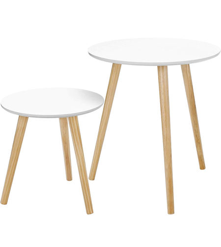 VASAGLE Masa de cafea, set de 2 bucati, picioare din lemn si blat MDF, design minimalist scandinav, 45x50cm si 35x35cm, alb