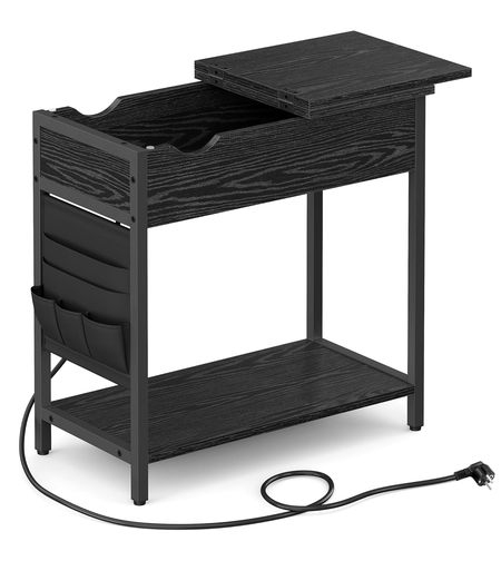 VASAGLE Masa laterala pliabila, tip noptiera, cu prize si porturi USB, raft si geanta din textil, 60x32x60 cm, negru