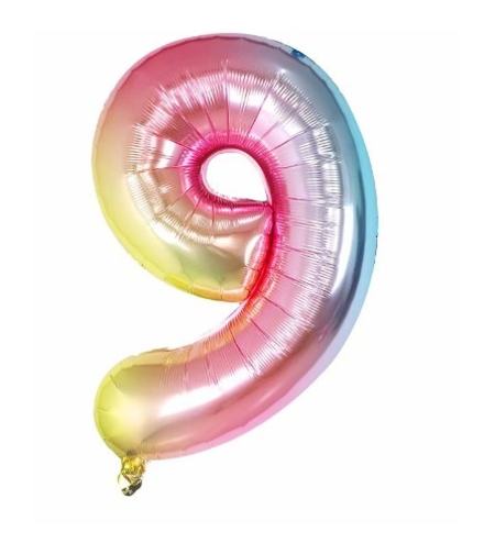 Balon din Folie Metalizata Flippy, Figurina Cifra, Tema Aniversare 40 cm, Ambalaj Individual, Pai inclus, Umflare cu Aer sau Heliu, Multicolor, Cifra 9