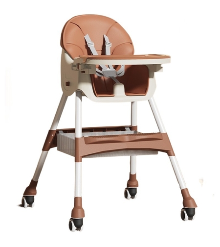 Scaun de Masa pentru Bebelusi si Copii, Flippy, cu Roti, Telescopic, Pliabil, Masuta Reglabila, Suport Picioare, Scaun cu Invelis Piele Artificiala, Centura Siguranta, Spatiu Depozitare, 97x73x65 cm, Maro