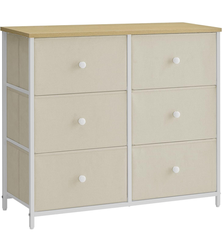 SONGMICS Comoda cu 6 sertare textile, cadru metalic, 80x30x71 cm, alb si crem