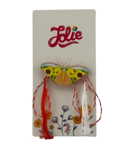 Martisor pentru copii, Jolie, Material Metal, Ambalaj Carton cu Design, Dimensiune Brosa Aproximativ 2x2 cm, Multicolor, Model Fluturas