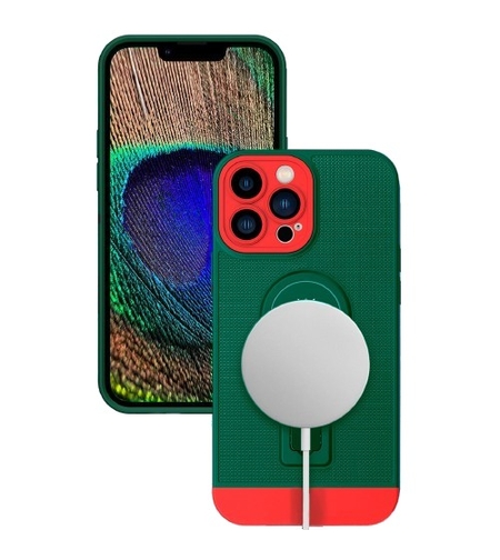 Husa Armor Design, Vafy, pentru Apple iPhone 12, cu Stand, Suport Auto Magnetic, Wireless Charge, Verde/Rosu