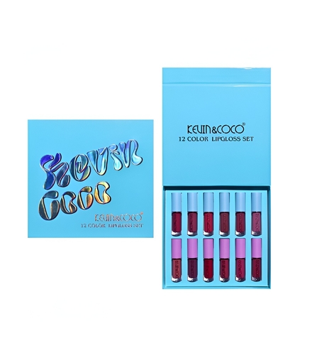 Set Rujuri de Buze, KEVIN & COCO, 12 Culori, 17x14.8x2.9 cm, Diferite Nuante, LipGloss, Albastru