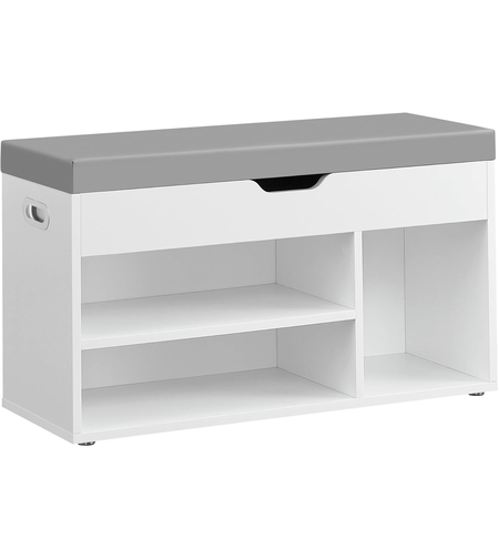 VASAGLE Pantofar cu banca, capitonata, 3 compartimente, sarcina 150 kg, 30x80x44 cm, modern, alb