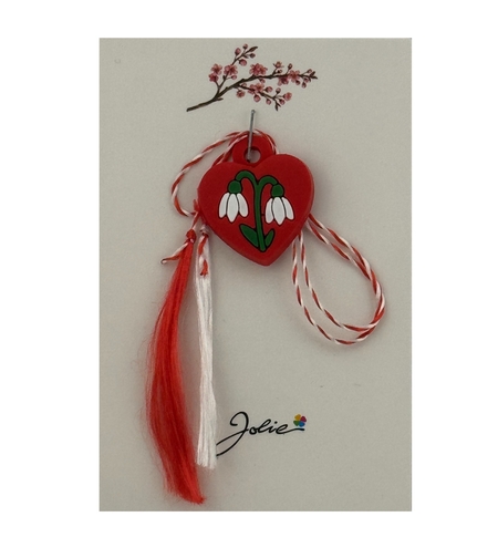 Martisor pentru Copii, Jolie, Material Cauciuc, Ambalaj Carton cu Design, Multicolor, Model Inima si Ghiocel