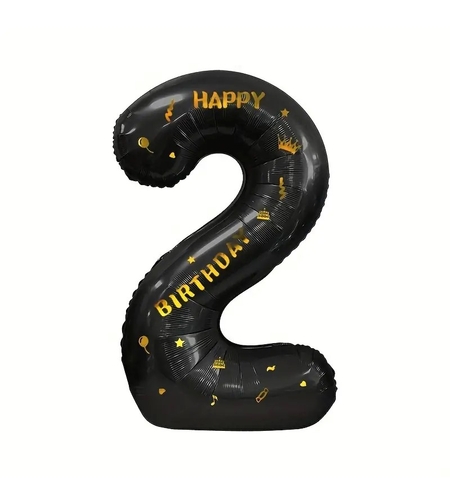 Balon din Folie Metalizata Flippy, Figurina Cifra, Scris Happy Birthday, Tema Aniversare 100 cm, Ambalaj Individual, Pai inclus, Umflare cu Aer sau Heliu, Negru, Cifra 2