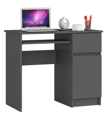Birou computer PIKSEL, cu sertar, dulap si raft pentru tastatura, dreapta, 90x50x77 cm, stejar gri